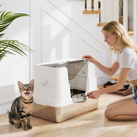 صندوق فضلات القطط باو هات XL من الفولاذ المقاوم للصدأ مع غطاء قلاب 100 درجة، ومجرفة، ومدخل مزدوج من الجانب العلوي، وخالي من الروائح، وسهل التنظيف، ومضاد للتسرب