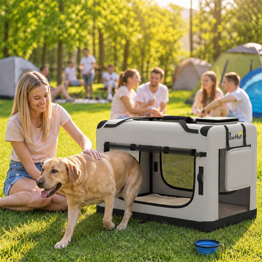 PawHut Pet Carrier Bag, Soft-Sided Dog Carrier with Security Buckle Strap, Washable Cushion and Folded Bowl, Light Grey