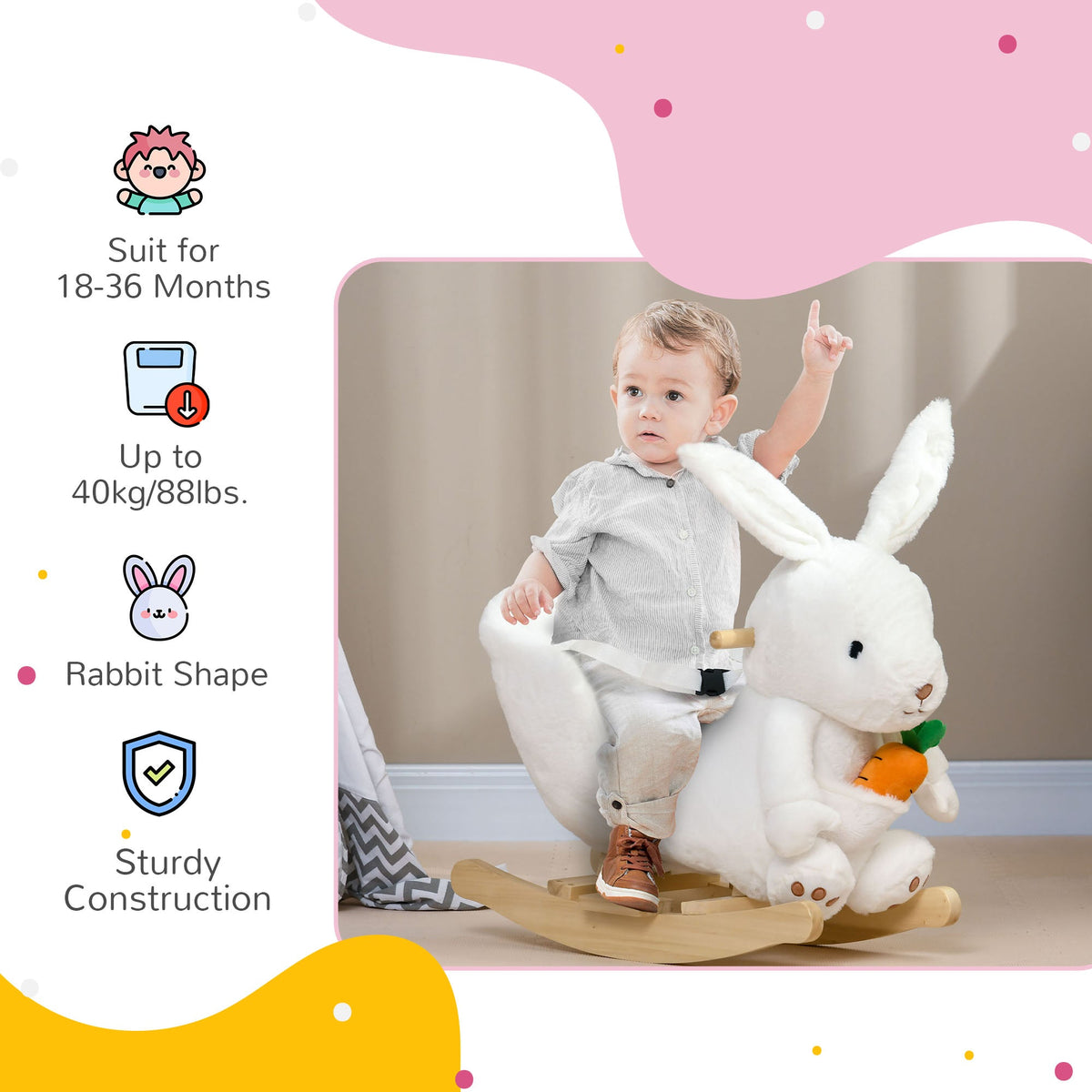 حصان هزاز للأطفال على شكل أرنب من HOMCOM، مع حزام أمان، وأصوات واقعية، للأعمار من 18 إلى 36 شهرًا - أبيض