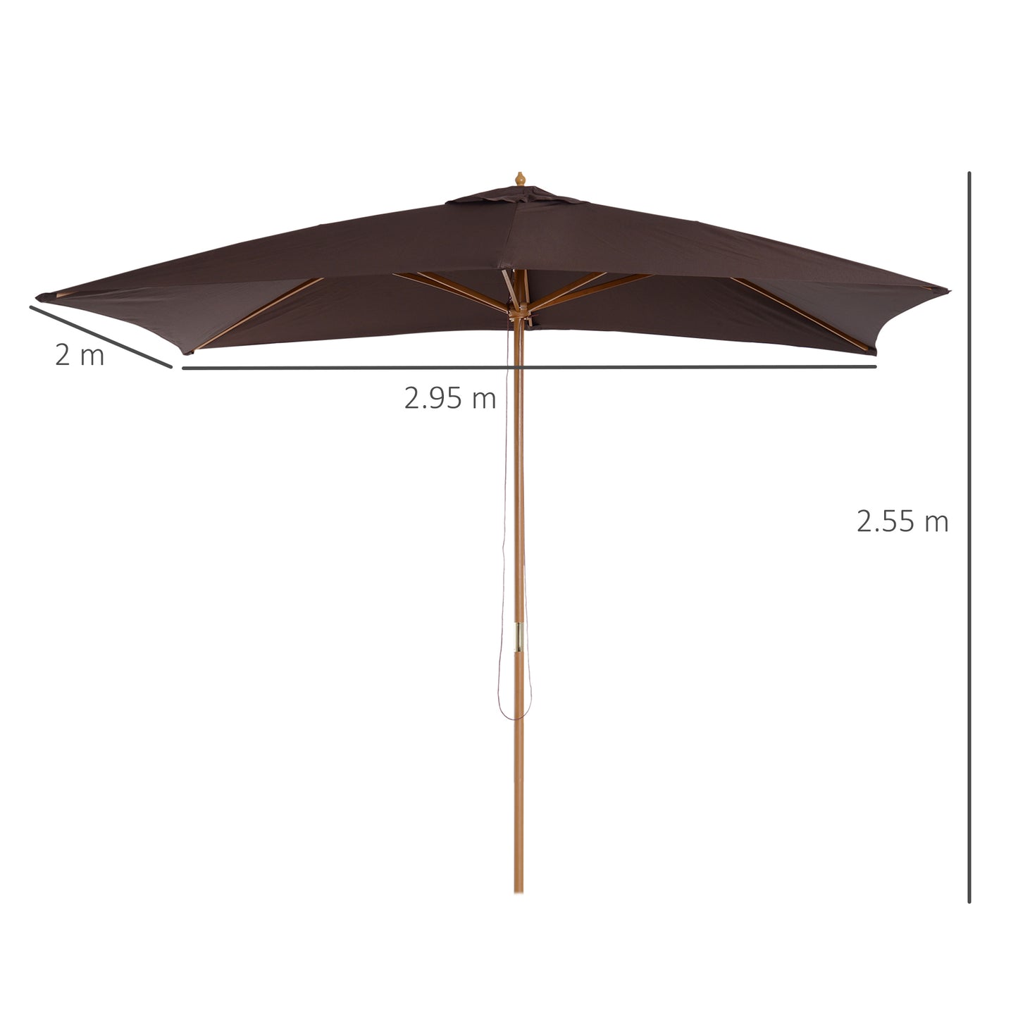 Outsunny 2 x 3m Wooden Garden Parasol Umbrella Outdoor Sun Shade Canopy, Dark Coffee