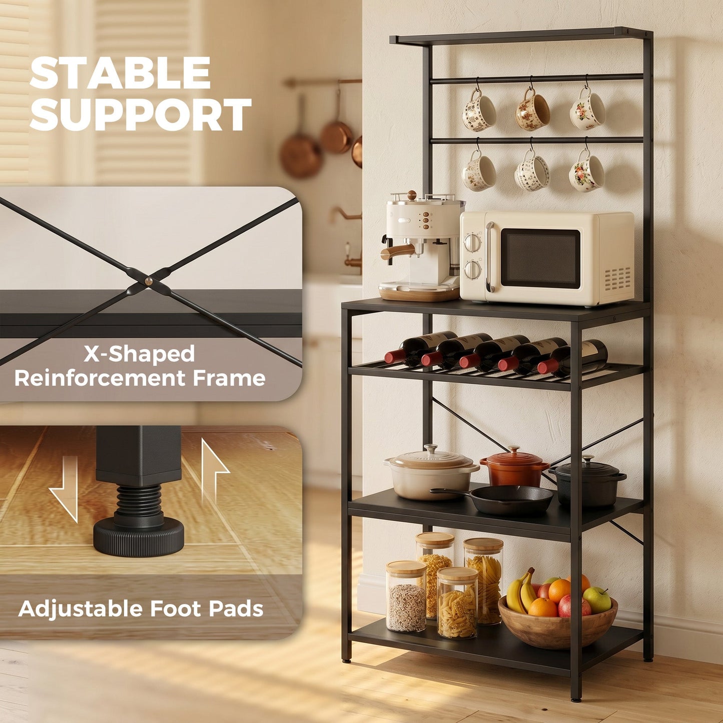 HOMCOM Freestanding Shelving Unit, Industrial Storage Shelf with 6 Hooks and Wine Rack for Living Room, Home Office, Black