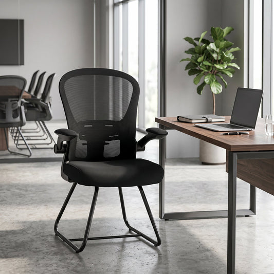 HOMCOM Reception Chair, Conference Meeting Office Chair with Flip-up Armrest, Mesh Backrest, Lumbar Support and Metal Base
