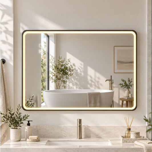 HOMCOM Bathroom Mirror with LED Lights, 100x70cm Rectangle Bathroom Mirror, Dimmable, Bluetooth, Anti-Fog, Black