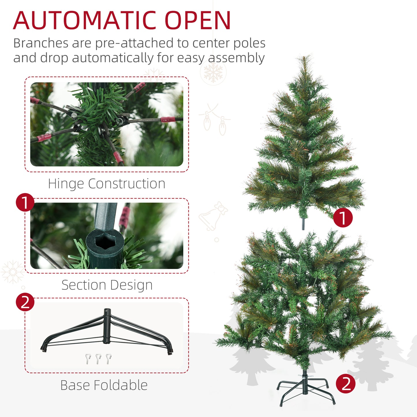 HOMCOM 1.5m 5ft Pre-Lit Christmas Tree Artificial Spruce Xmas Tree Warm White LED Holiday Décor with Metal Stand
