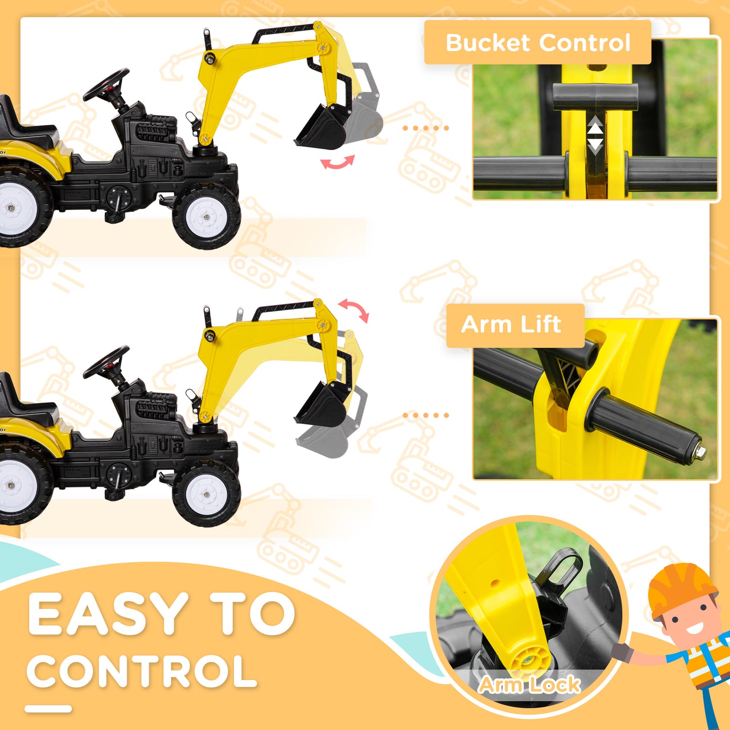 HOMCOM Kids Ride on Digger Pedal Go Kart Pretend Play Construction No Power Truck with Horn for 3 - 6 Years, Yellow