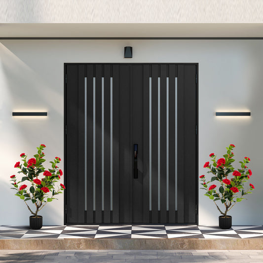 Two artificial camellia trees with red flowers and rain-flower pebbles flanking a doorway