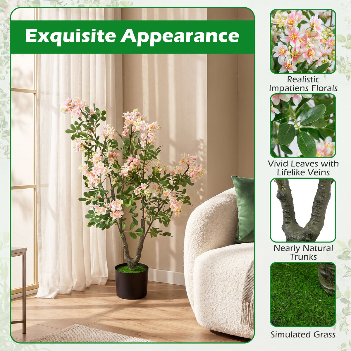 1 Piece 90 CM Artificial Impatiens Blossom Tree Faux Pink Floral Plant in Cement-filled Pot-Pink