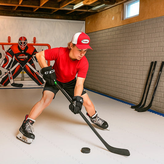 Teenager practices hockey indoors on a training tile floor in front of a net