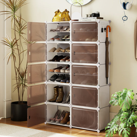 The shoe storage cabinet with ten tiers and brown doors, shown in a room with shoes