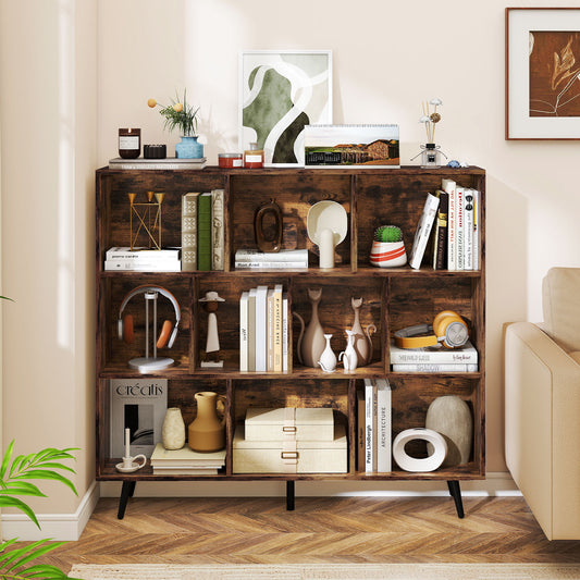 The ten-cube bookcase styled with books and decorative items in a living room