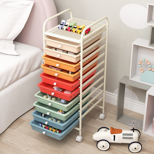 The colourful storage trolley filled with toys in a child's room