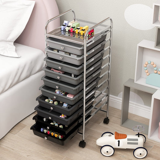 The mobile storage trolley filled with toys in a child's bedroom