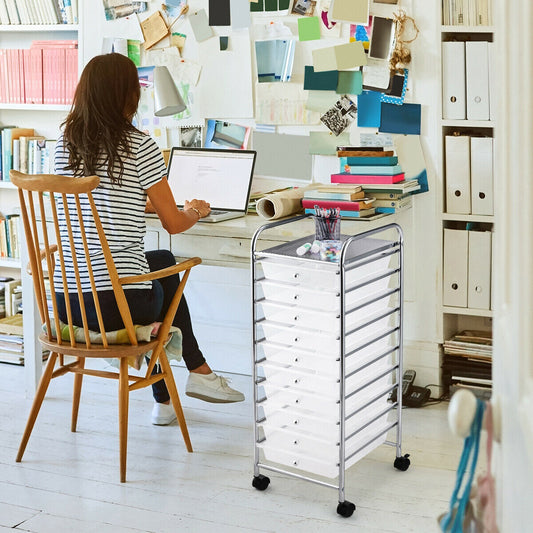 The 10 drawer mobile storage trolley is shown next to a desk in a home office setting