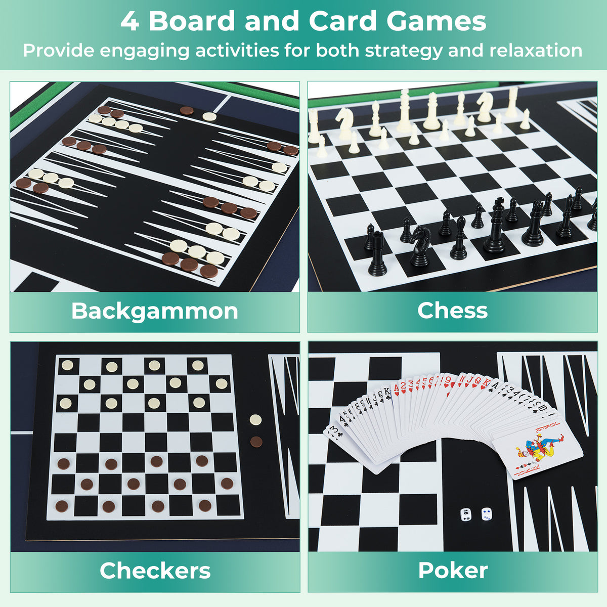 the multi-game table showing four different board game surfaces for backgammon, chess and cards