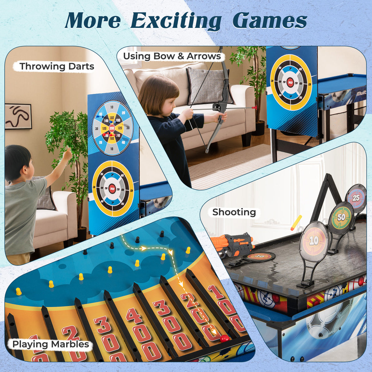 Various games being played on the multi-game table, including darts and archery