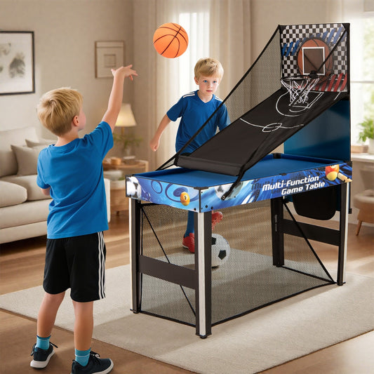 Two boys playing basketball on the multi-game table in a living room setting