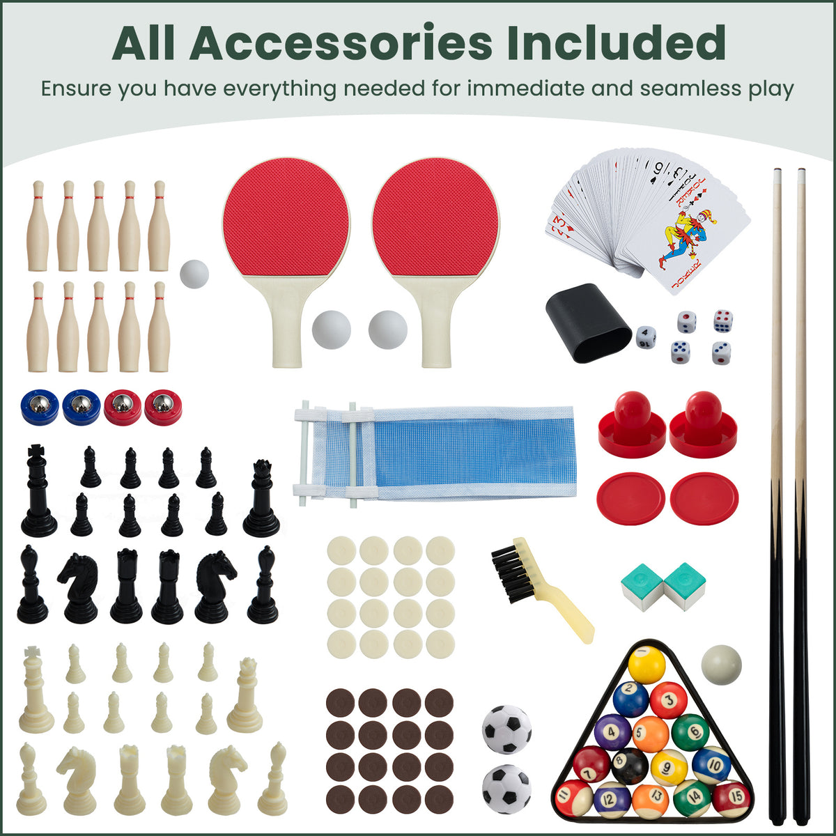 All accessories for the 10-in-1 combo game table set laid out