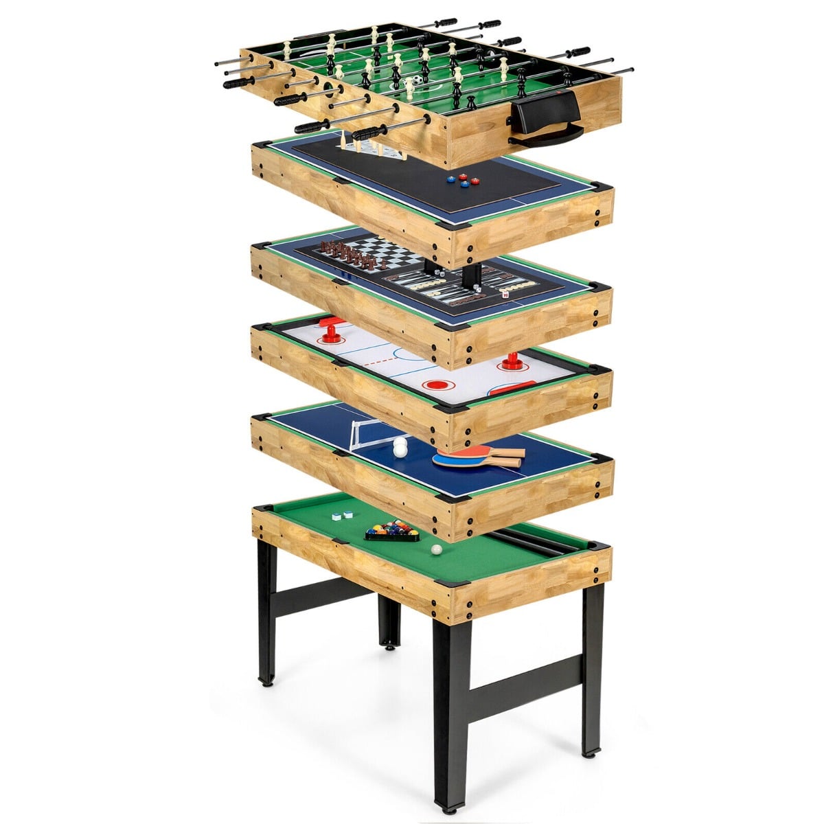 The game table with all interchangeable playing surfaces stacked vertically