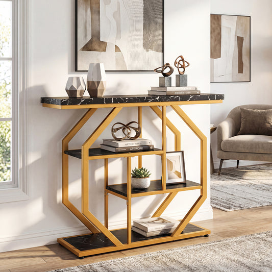 The console table styled with decorative vases and books in a bright living room setting