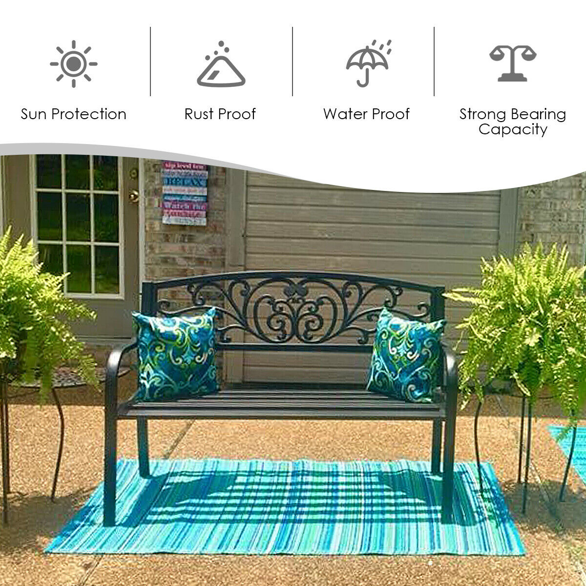 Patio Garden Bench with Steel Cast Iron Frame