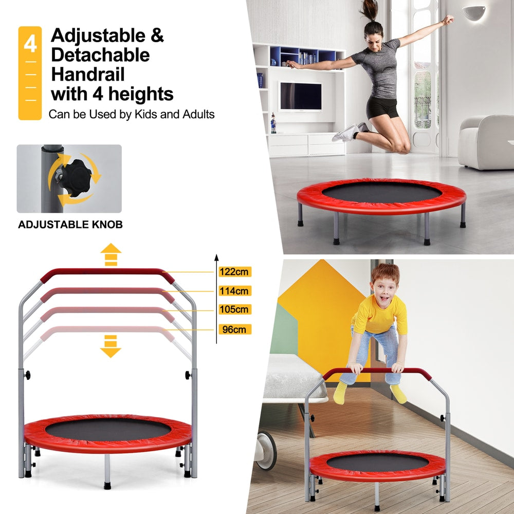 Collage showing adjustable handrail and children using the red trampoline