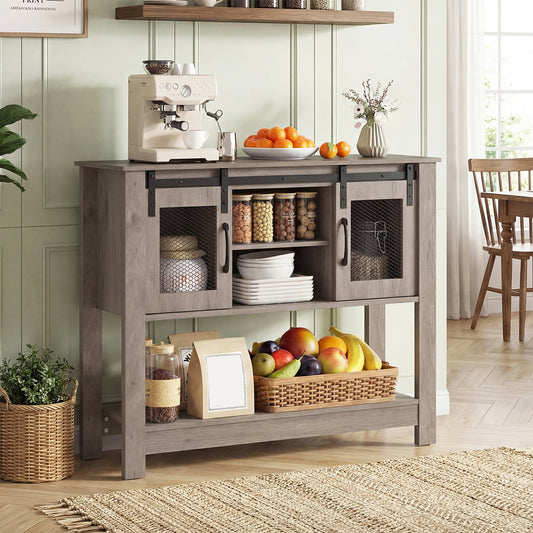 The console table in a kitchen setting with a coffee machine and fruit bowl on top