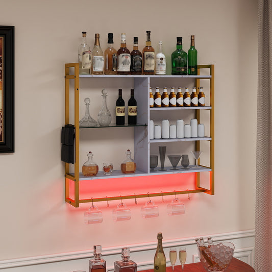 The white floating bookcase with gold frame is lit with red LED lights, displaying bottles and glasses