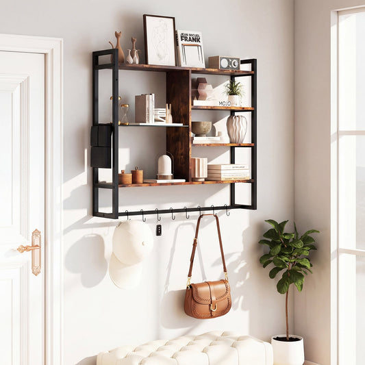 The wall shelf mounted in a hallway with a handbag and hat hanging from the hooks