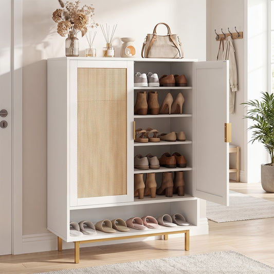 The tall shoe cabinet with doors open, displaying shoes on multiple shelves