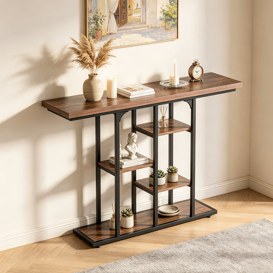 The console table placed in a bright room with decor items on the shelves