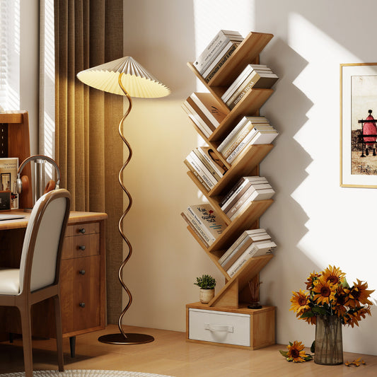 The beige tree bookshelf with 10 tiers and a drawer, shown in a home office setting