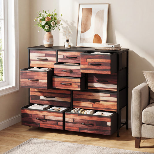 The tall storage chest with metal frame with several drawers open showing contents