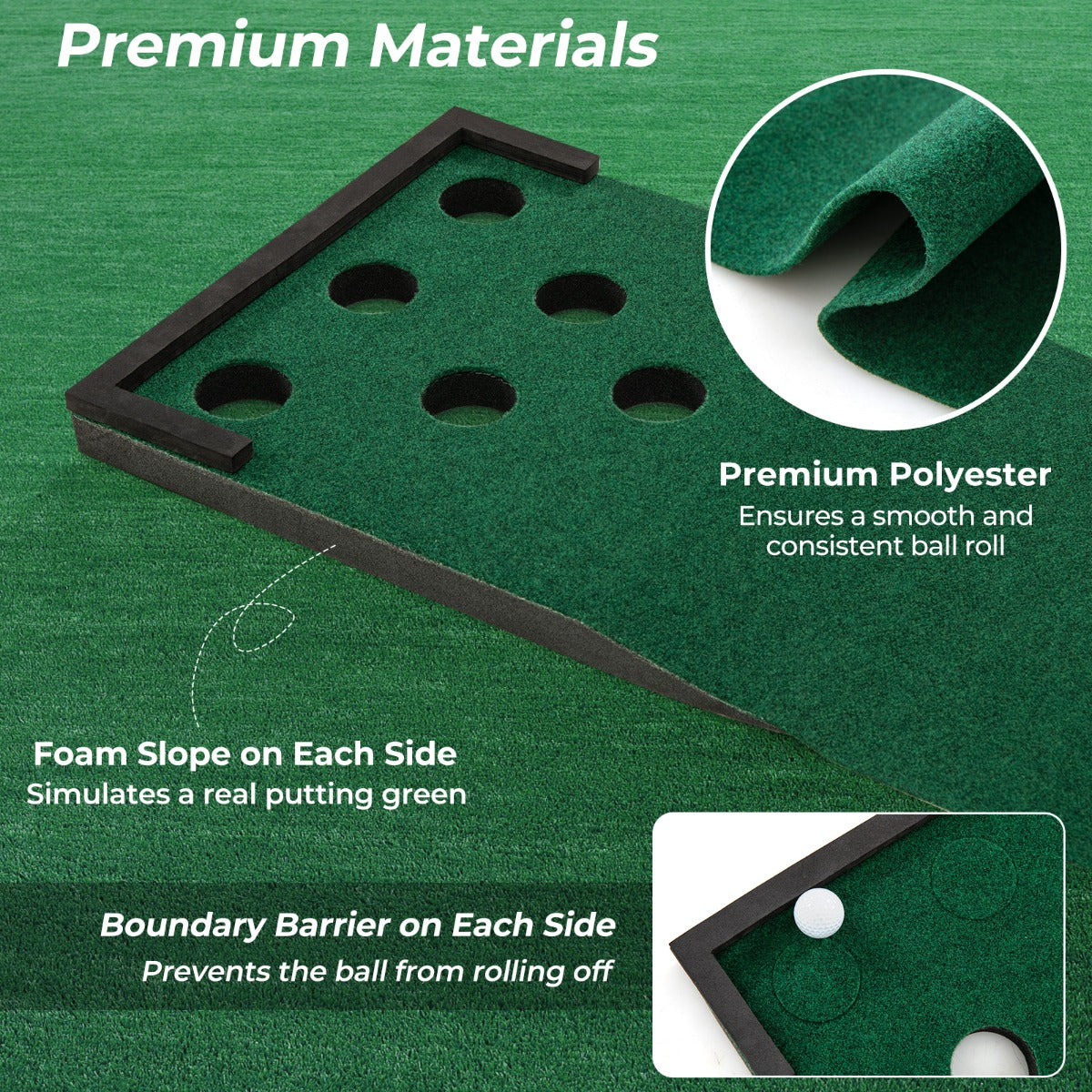Close up of the golf putting green mat showing its premium materials and boundary barrier