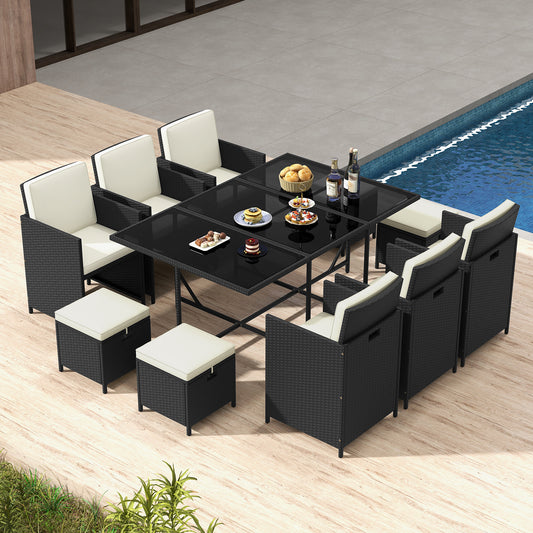The patio dining set arranged around a table by a swimming pool