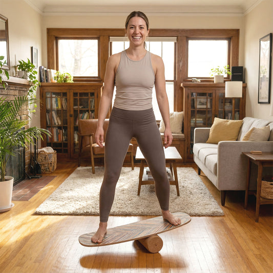 A woman stands on a colourful balance board with a cork roller in a living room