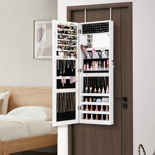 The jewelry armoire hanging on a door filled with accessories and cosmetics