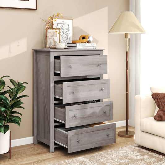 The chest of drawers with all four drawers pulled open in a bright living room setting