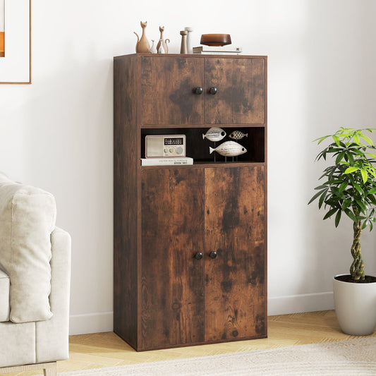 111 cm Tall Bookcase with 4 Doors 4-Tier Modern Storage Organizer with and Adjustable Shelf-Rustic Brown