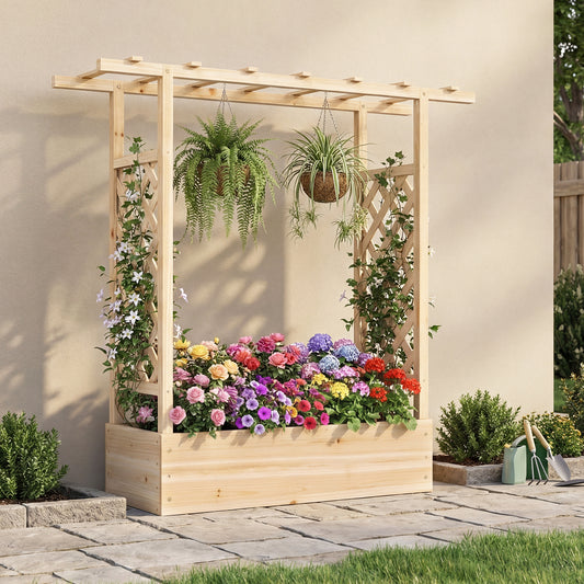 Wooden raised garden bed with trellis and hanging roof, shown outdoors on a patio with flowers