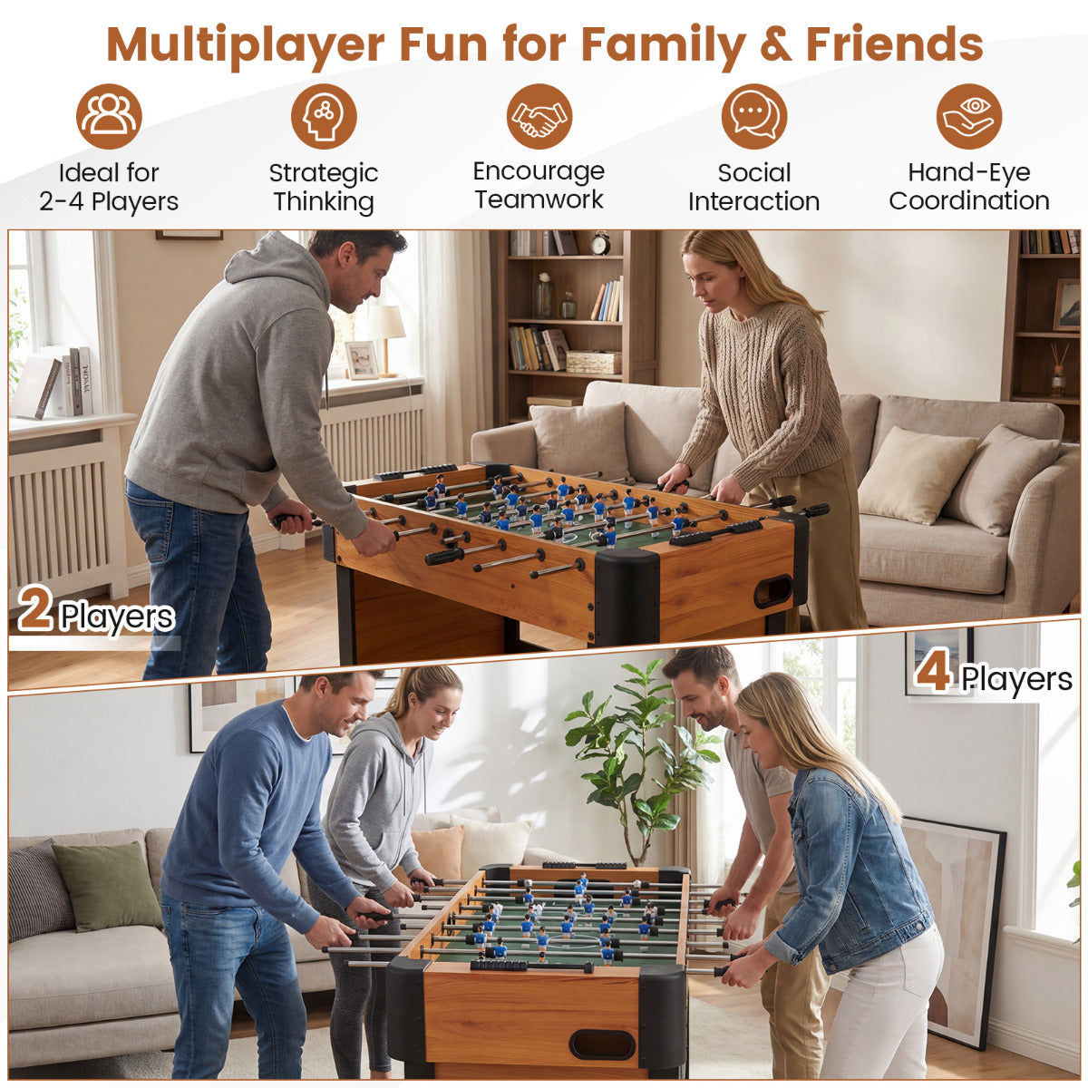 The soccer table shown in two different group play scenarios with feature icons