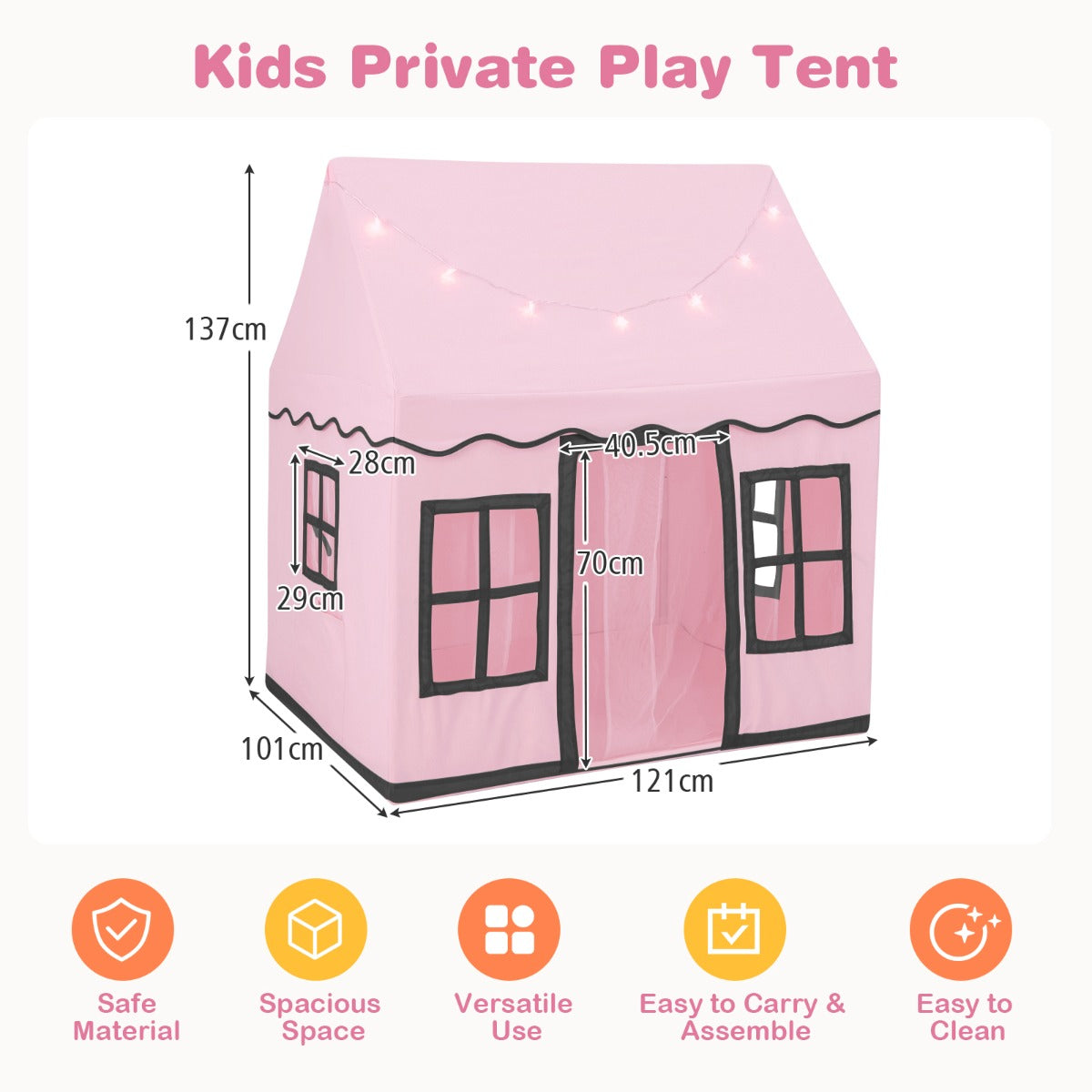 The play tent shown with height and width dimensions and icons for product benefits