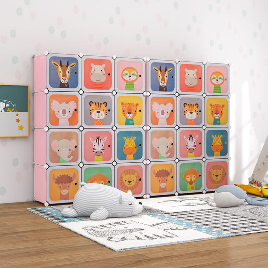 The pink kids wardrobe with hanging section has cartoon animal doors on each cube