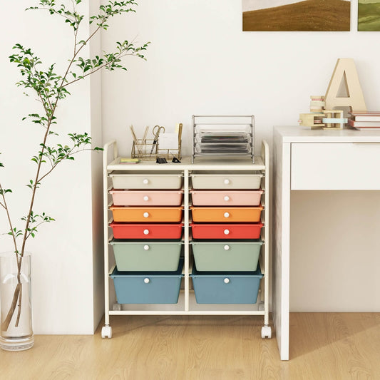 The colourful rolling storage cart is shown in a home office setting next to a desk