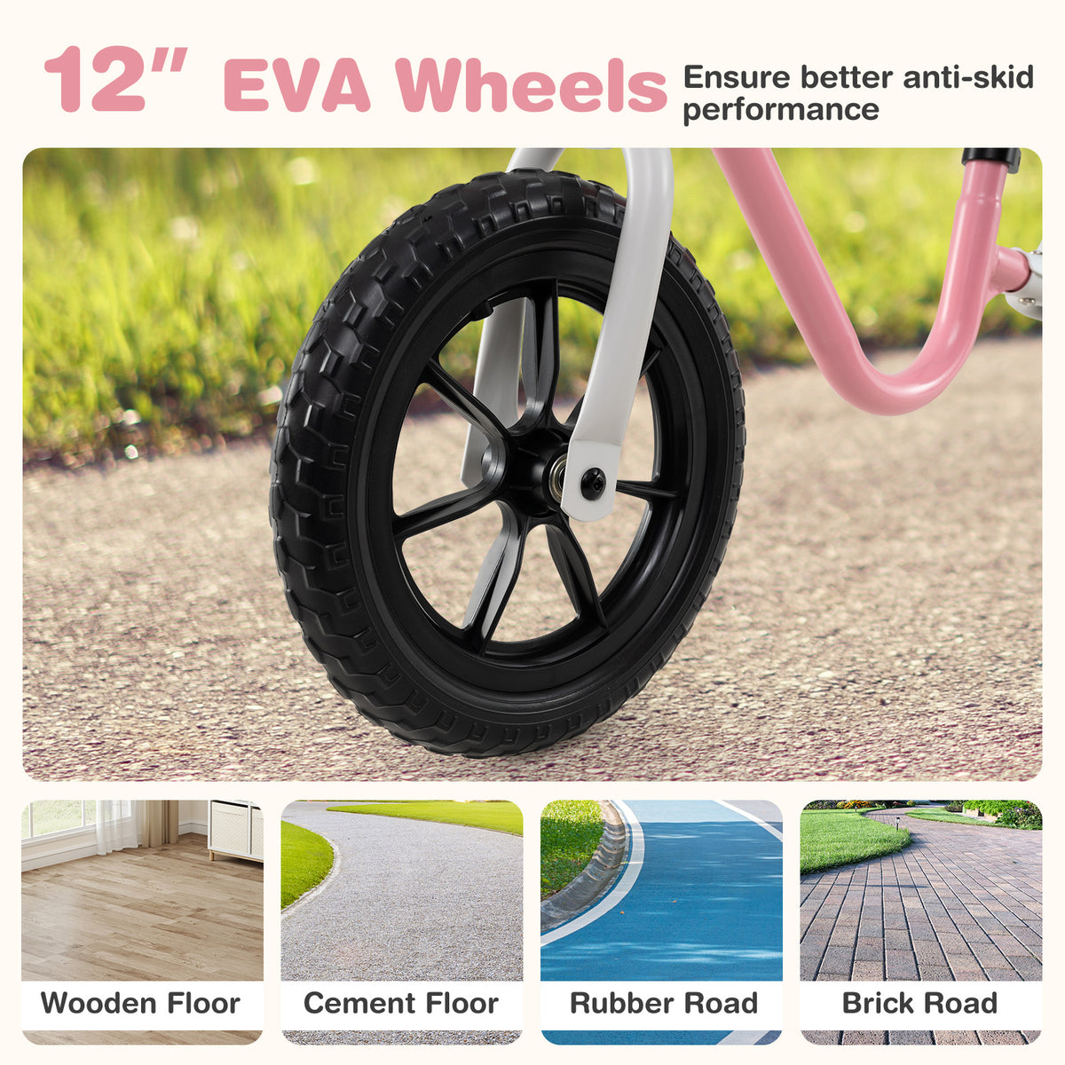 The black tyre of the pink balance bike shown above four small squares depicting different surfaces