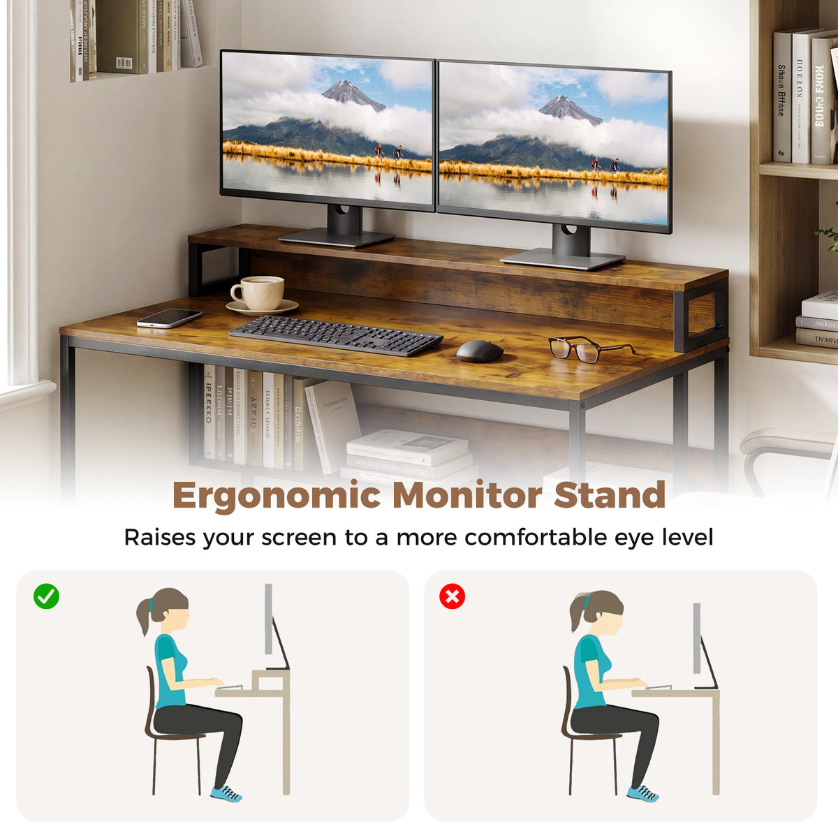 120 CM Office Desk with Monitor Stand Computer Desk with Storage Shelf and Metal Frame-Rustic Brown