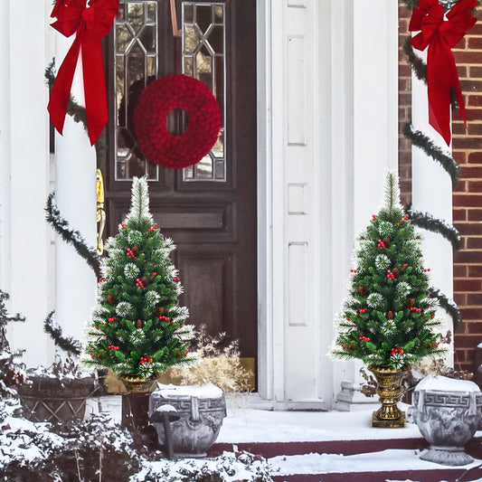 The christmas trees placed on a snowy porch in front of a house door with festive decorations