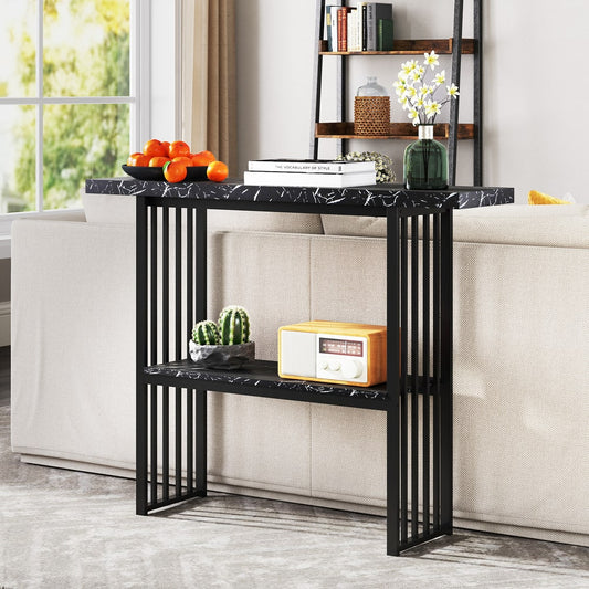 Narrow console table with faux marble top and black metal frame in a living room setting