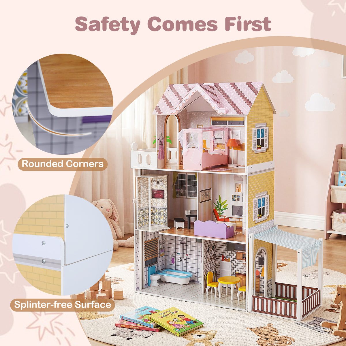 120CM Wooden Dollhouse in Pink