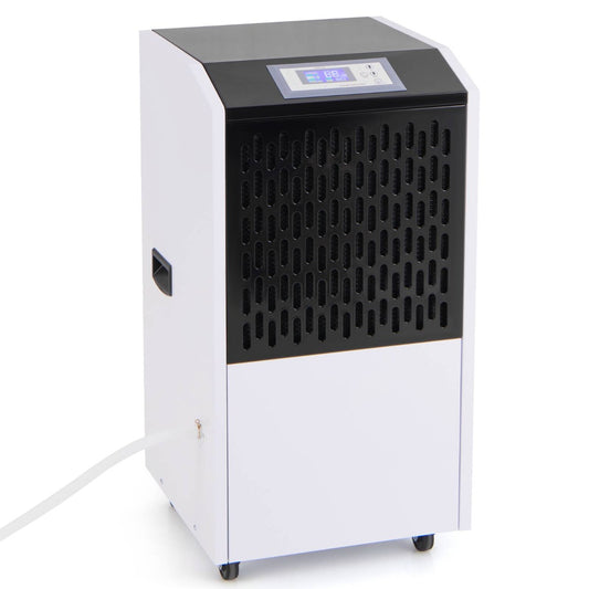 White and black dehumidifier with a hose connected to the side and a digital display on top