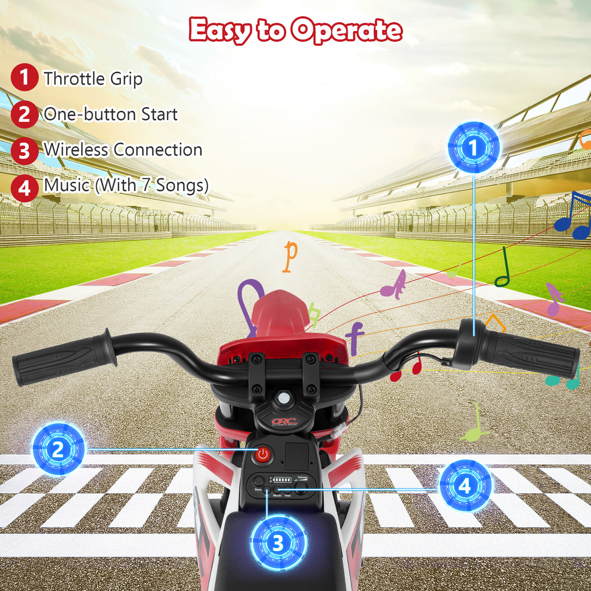 Close up of the handlebars of the kids electric motorbike showing controls and music function